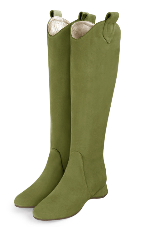 Pistachio green women's cowboy boots. Round toe. Flat wedge heels. Made to measure. Front view - Florence KOOIJMAN